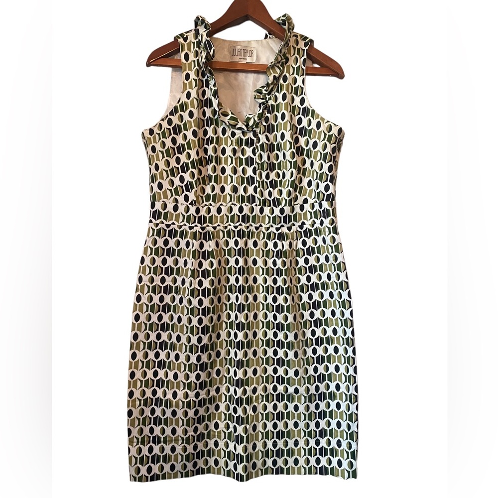 Julian Taylor Sleeveless Ruffled Dress with Retro Green Patterning